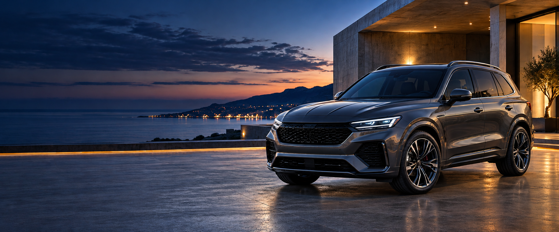 SUV ilustrativo frente a una arquitectura contemporánea